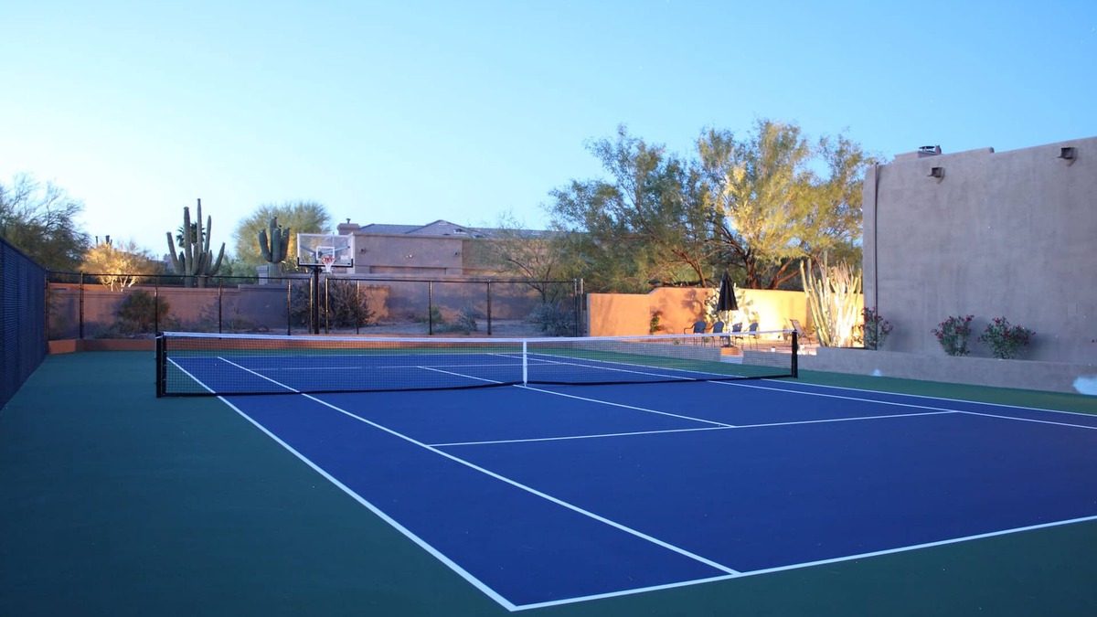 Santa Fe-Style Modern Home has Tennis/Pickleball/Basketball/Pool/Spa/BBQ
