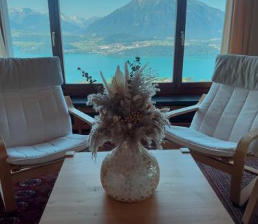 Aeschlen ob Gunten Ski Chalet | Chalet with pool and view of Lake Thun