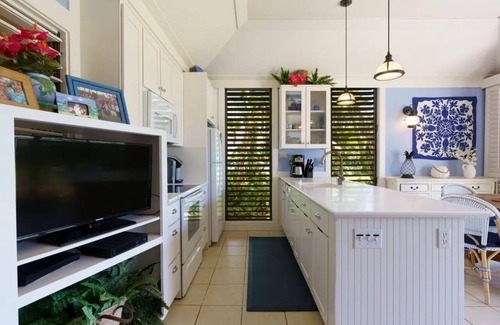 Poipu Condo | Charming Blue & White Beach Bungalow! A/C washer/dryer. 200 yards to the beach!