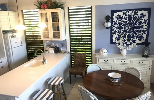 Poipu Condo | Charming Blue & White Beach Bungalow! A/C washer/dryer. 200 yards to the beach!