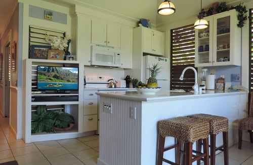 Poipu Condo | Charming Blue & White Beach Bungalow! A/C washer/dryer. 200 yards to the beach!