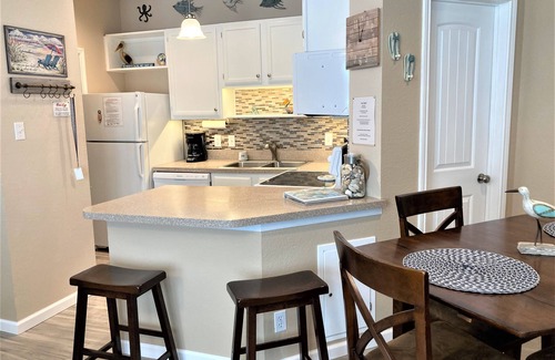 Corpus Christi Condo | Cute 1st Floor 1/1 on Salt water Pond W/pier, Steps To Beach, Pool,Spa,Gym,Sauna