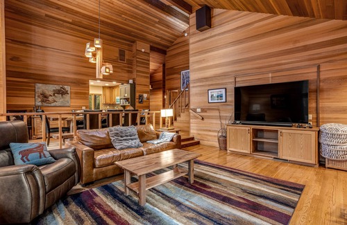 Black Butte Ranch House | Forested getaway with kitchen, stone fireplace, pool, & private hot tub