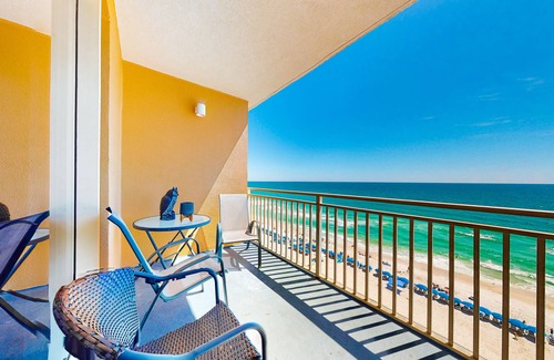 West Panama City Beach Condo | Gulf-front condo with beach access, pool, hot tub, lazy river, & beach chairs