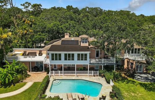 Saint Simons Island House | Historic Marshfront St Simons Estate Heated Pool Private Dock