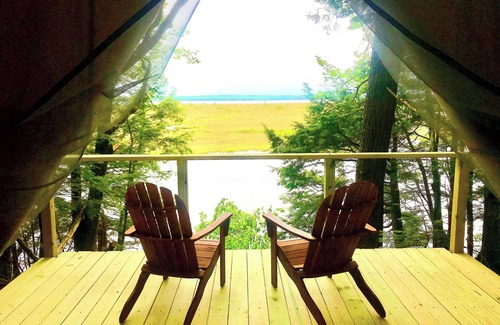 Mariaville Cabin | Lakefront Glamping Tent w/ensuite bath, King Bed, Fabulous View, near Acadia