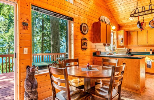 Port Angeles Cabin | Lakefront home with stunning views, private hot tub, dock & 2-story deck