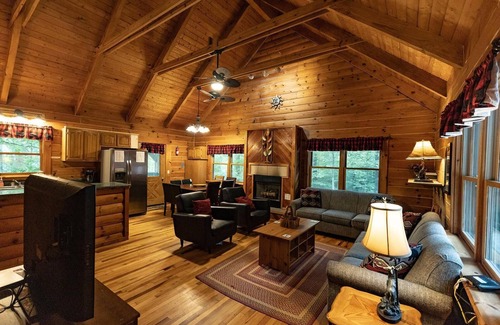 Zoe Cabin | Large Log home, private pond with dock, canoe, pool table, hot tub & internet.