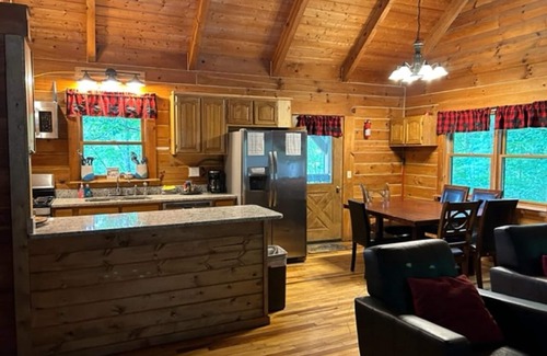 Zoe Cabin | Large Log home, private pond with dock, canoe, pool table, hot tub & internet.