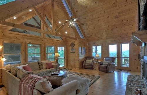 Raccoon Ridge Cabin | Majestic long range mountain views! Pet friendly! Bed & bath each level for privacy, gathering porch outdoor fireplace in Aska Adventure Area
