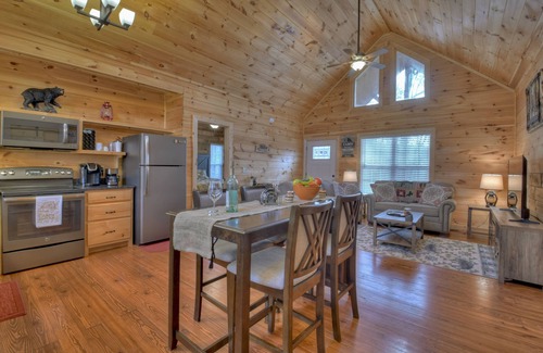 Ellijay Cabin | Mountain Livin' beckons with pet-friendly charm, complete with a fenced yard, soothing hot tub, crackling firepit, and reliable WiFi