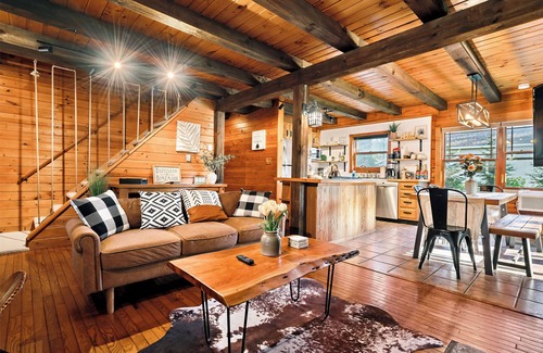 Waterford Cabin | Riverfront Cabin with Heated Pool, Cedar Hot Tub, Sauna and Dock