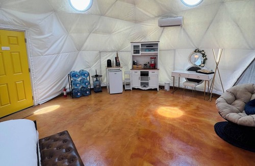 Terlingua RV Rental | Southern Boho inspired Geodesic Dome nestled up next to Big Bend National Park.