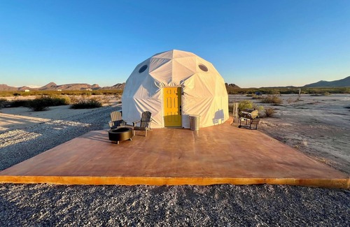 Terlingua RV Rental | Southern Boho inspired Geodesic Dome nestled up next to Big Bend National Park.