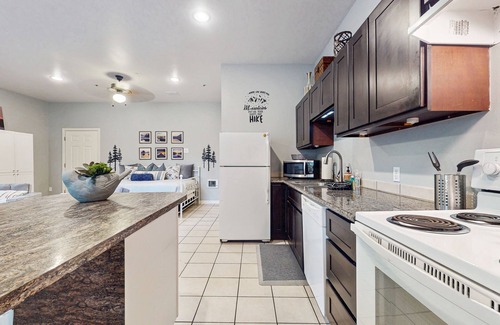 Bonney Lake Apartment | Studio unit with full kitchen, W/D, fireplace, & patio area