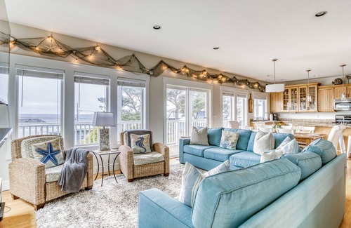 Logsden House | Stylish Home Near Beach has Ocean View Fireplace Suites, Fenced Yard, Fire Pit!