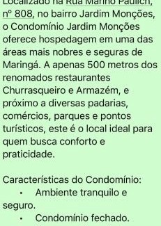 Maringa Apartment | Suite independente condomínio cidade Moncoes
