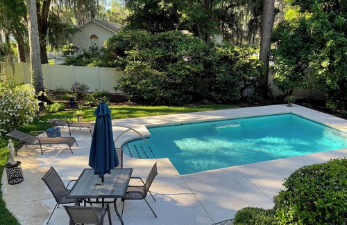 St. Simons Island House | Sunny Saint Simons home with unique open floor plan, privacy and pool