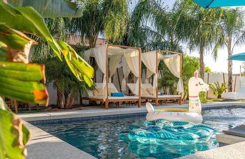 East Mesa Villa | Tropical Retreat with hot tub, heated pool, misters & fire pit