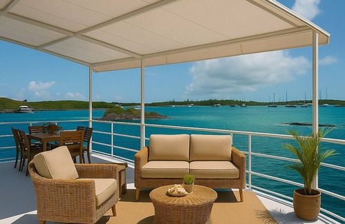 George Town Boat Rental | Water Glamping over turquoise blue water.