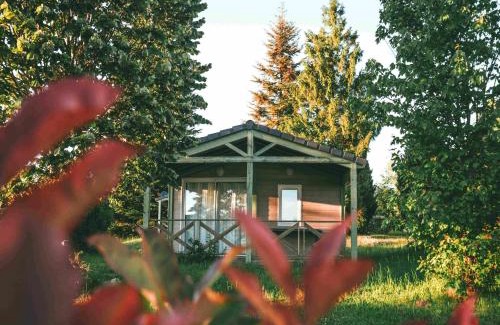 Beynat Ski Chalet | Wooden chalet with covered terrace on the edge of a lake