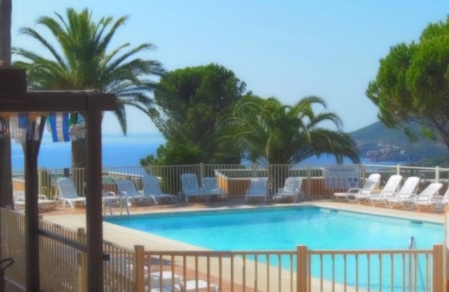 Apt F2 Magnificent enclosed landscaped area with sea and Estérel view, large swimming pool, ping po