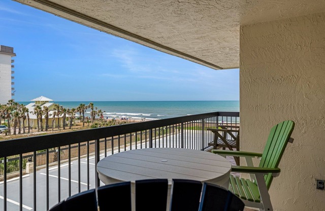 Family-friendly ocean view on no-drive Ormond with heated beachfront pool and garage