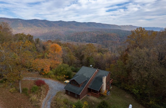Lone Bear Cabin: Lv2 EV, WiFi, River Access, Mountain Views, fireplace, hot tub