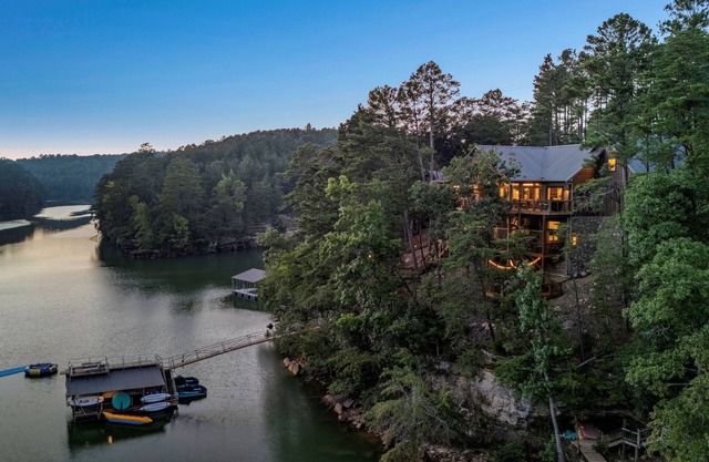 Luxury Lakefront Home - VIEWS! Hot Tub, 2 Decks, Fire Pit, Theater, Arcade, Dock