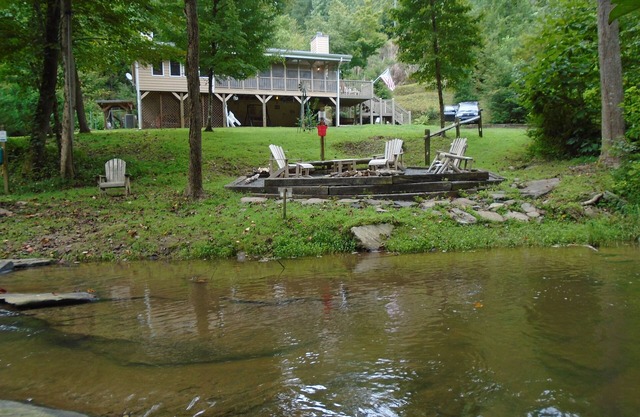 Mountain Resort Cabin, Private, screened porch overlooking wide peaceful creek.