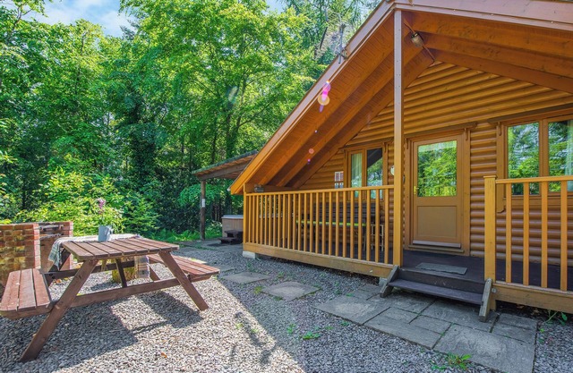 Timber lodge set in an elevated woodland position with views of the lake.