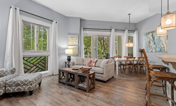 Baytowne Wharf Condo | 2BR Condo at Baytowne! Tram to Beach, Tropical Pool + Hot Tub, Walk-out Patio