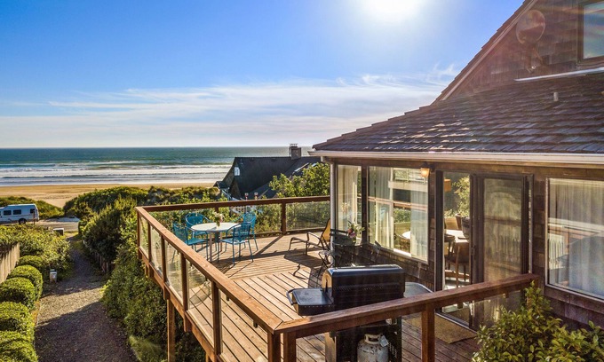 Neahkahnie Beach House | 3-story dog-friendly beachfront home with wood stove, gas grill, deck & views