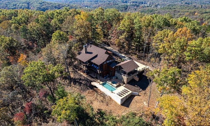 Blue Ridge House | 4000 sf cabin 5 king 2 queen beds with heated pool spa game room mountain views
