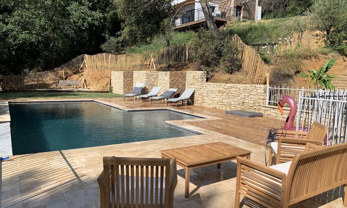 Saint-Marcel-d'Aredeche House | Air-conditioned wooden gîte on stilts with heated swimming pool, animals accepted