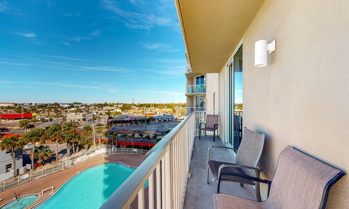 Panama City Beach Condo | Beach-chic corner condo with gorgeous Gulf views, pools, hot tub & game room