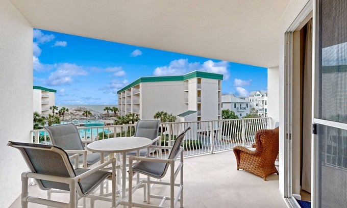 Seagrove Beach Condo | Beach-view condo with outdoor pool, hot tub, sauna, tennis, BBQ, & beach access