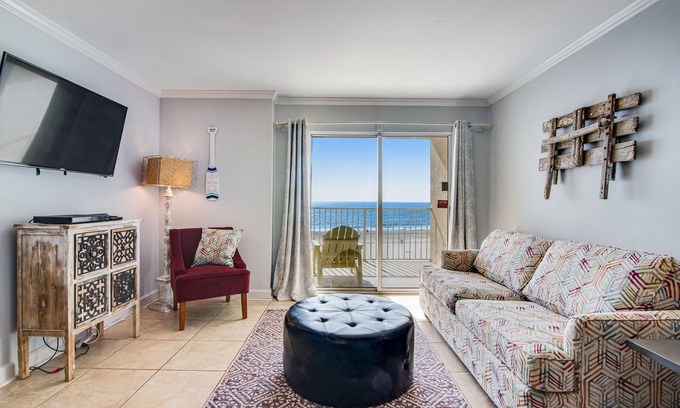 Gulf Shores Condo | Beachfront condo with outdoor pool, balcony, incredible views, & AC