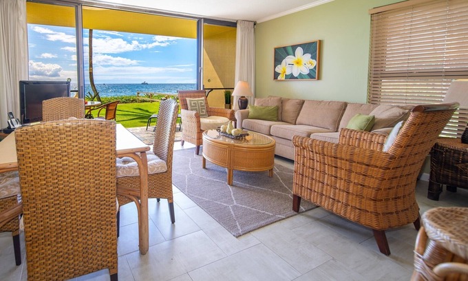 Kihei Condo | Beachfront ,Groundfloor, Oceanfront Corner unit 114 - Steps to the Beach!