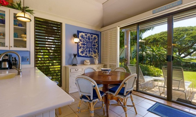 Poipu Condo | Charming Blue & White Beach Bungalow! A/C washer/dryer. 200 yards to the beach!