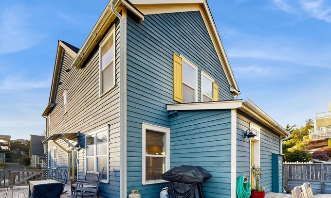 Logsden House | Charming, two-story home with a private hot tub, large patio, & washer/dryer