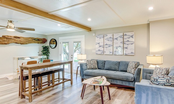 Folly Beach House | Colorful home steps to beach with patio, grill, WiFi, central AC, & W/D