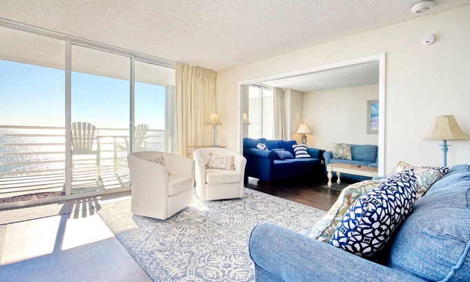Arcadian Shores Condo | Corner Condo 2BR Wrap-around oceanfront balcony w/shared pool and hot tub!