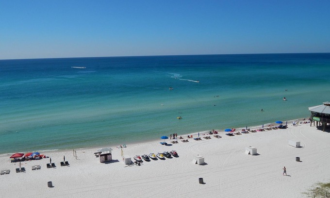Panama City Beach Condo | Cozy luxury ON the beach - steps to the sand, sunsets from balcony; w/BEACH SVC