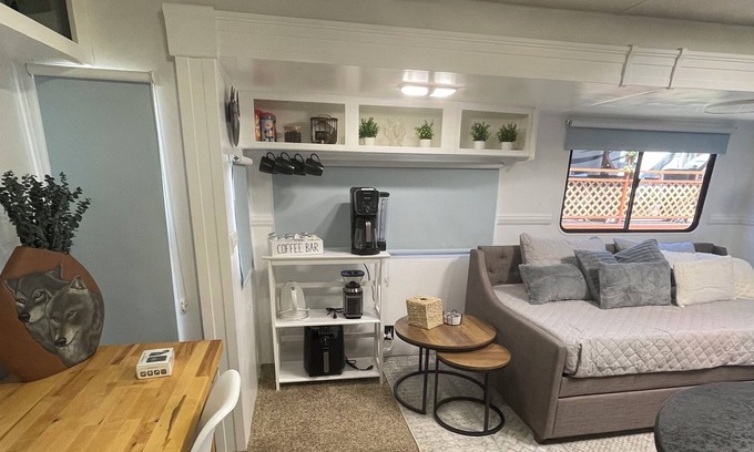 Aztec House | Cozy RV on working farm. 1 bedroom with queen size bed, 2 twin size beds.