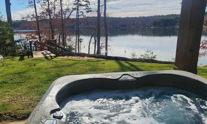 Mineral House | Custom-built lakefront home with lake views, firepit, fireplaces, dock, &HOT TUB