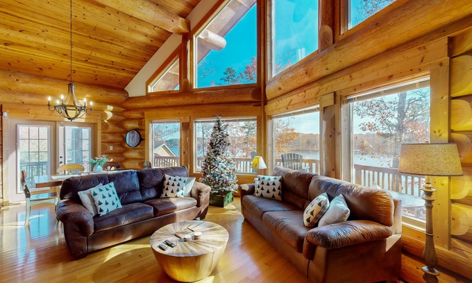 Mineral House | Custom lakefront home with lake views, hot tub, firepit, fireplace, dock, & deck