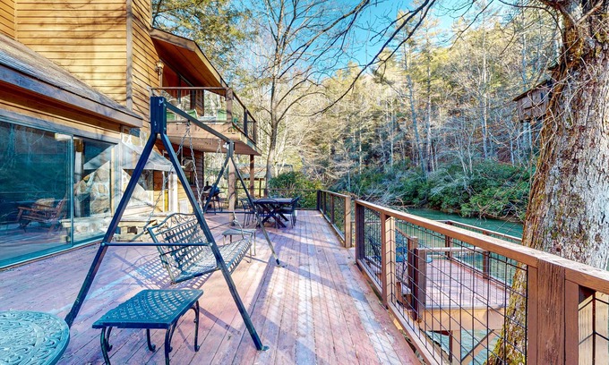 Ellijay Cabin | Dog-friendly, riverfront retreat with game room, washer/dryer, wraparound deck