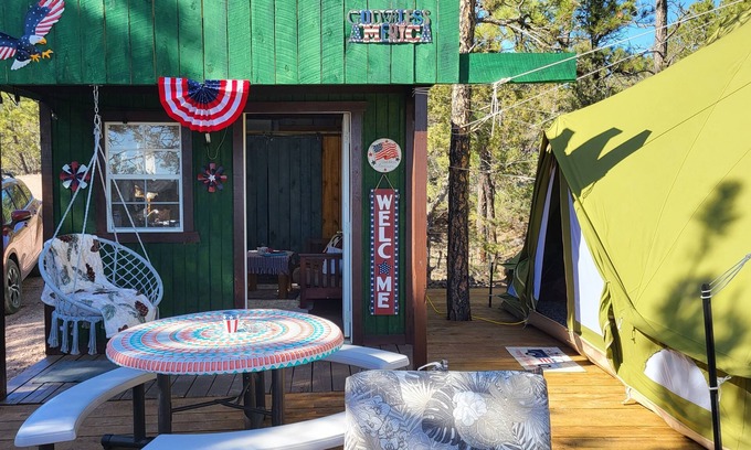 Hot Springs Cabin | Eagle's Nest Cabin/Sibley4 Tent combo @EvansCliff hot tub canyon views