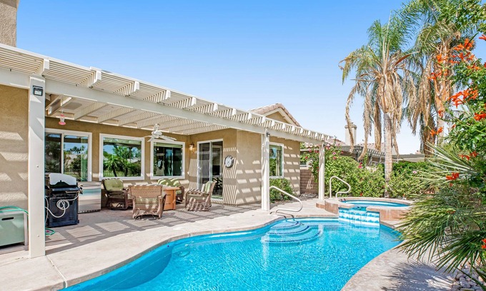 Indio House | Fairway view home with private pool, spa, patio, firepit, central AC, & WiFi